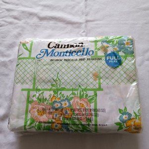 VTG New USA Cannon Monticello Green White Floral Cotton Full Fitted‎ Flat Sheet